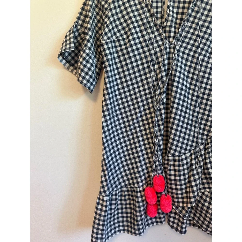 Sundress Gingham Mini Dress in Black and White and Pink Pom Poms | Size XS/S